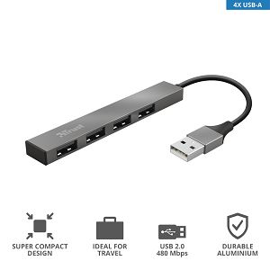 USB Hub TRUST Halyx 23786, 4xUSB-A, USB-A, Silver