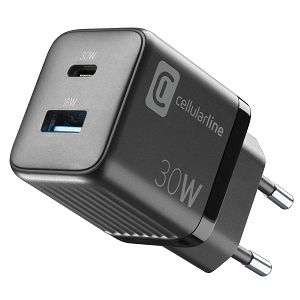 Kućni Punjač CELLULARLINE, Multipower Micro 30W, GAN, 1x USB-A, 1x USB-C