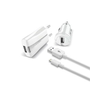 Set CELLULARLINE, 3u1, Kućni Punjač+Auto Punjač+Kabel Lightning, MFI, Bijeli