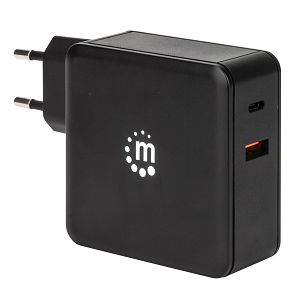 Kućni punjač MANHATTAN 180214, Dual, PD, 60W, 1xUSB-C, 1xUSB-A, Crni